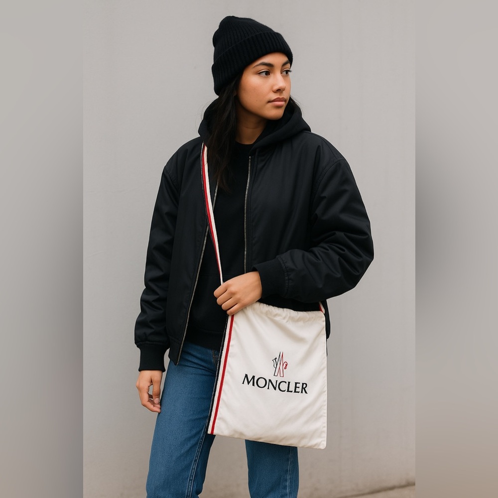 Moncler White Drawstring Shoulder Dust Bag Tricolor Strap Logo Tote Bag Designer